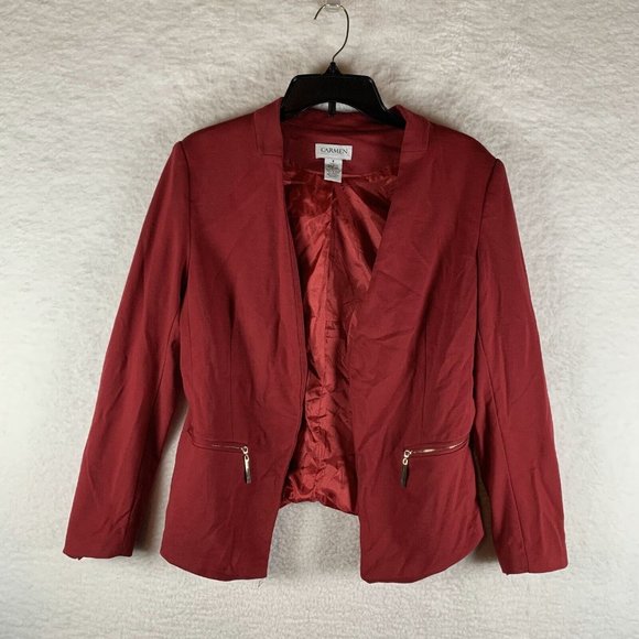 Carmen Milano Blazer Women's 8 Red Rayon Stretch Long Sleeve Lapelless 6590 - Picture 1 of 7